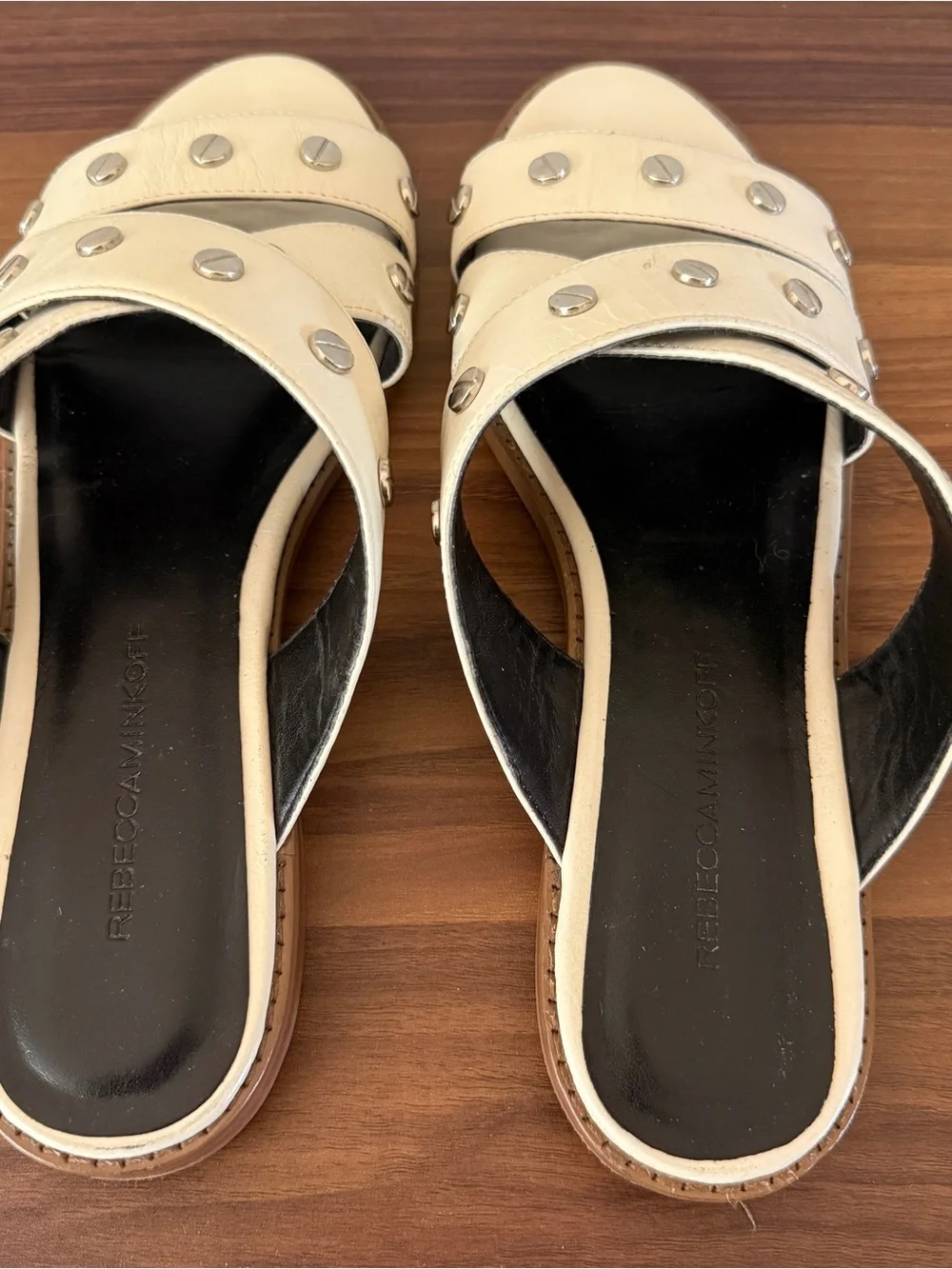 Rebecca Minkoff Ivory Leather Studded Slide Sandals